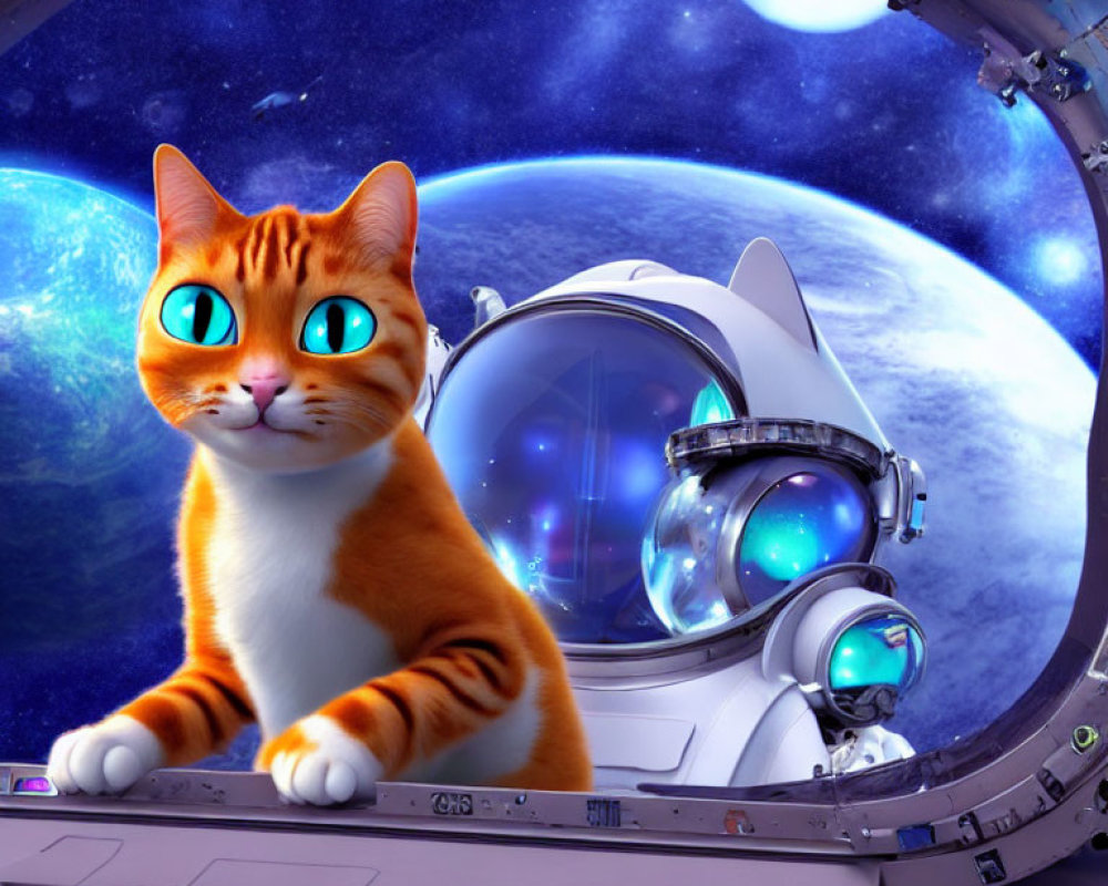 Orange Cat with Blue Eyes Observes Earth from Spacecraft Window