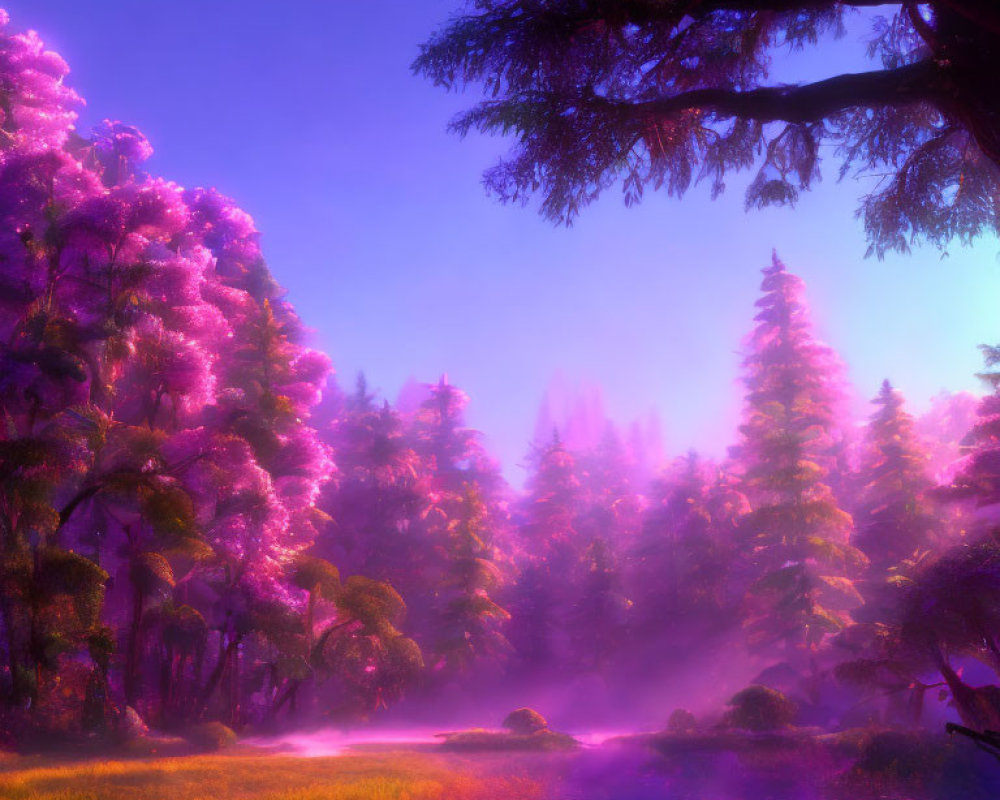 Enchanting purple forest with serene river and surreal light