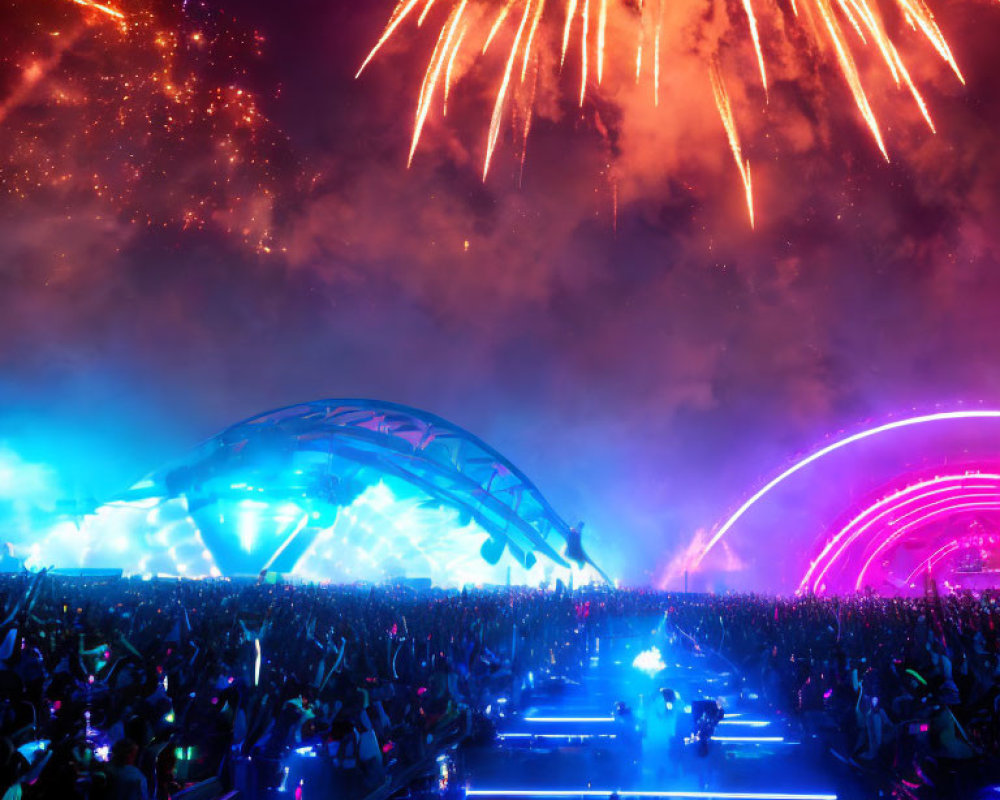 Nighttime music festival with massive crowd, fireworks, and colorful lighting