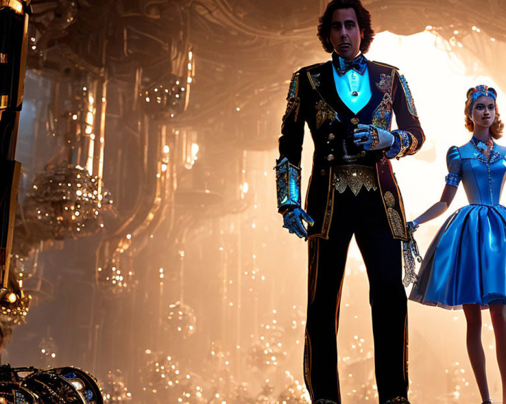 Man in ornate black and gold jacket on stage with woman in blue tutu in dramatic chandelier