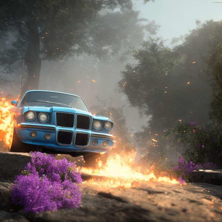 Vintage Blue Car Engulfed in Flames in Misty Forest Setting