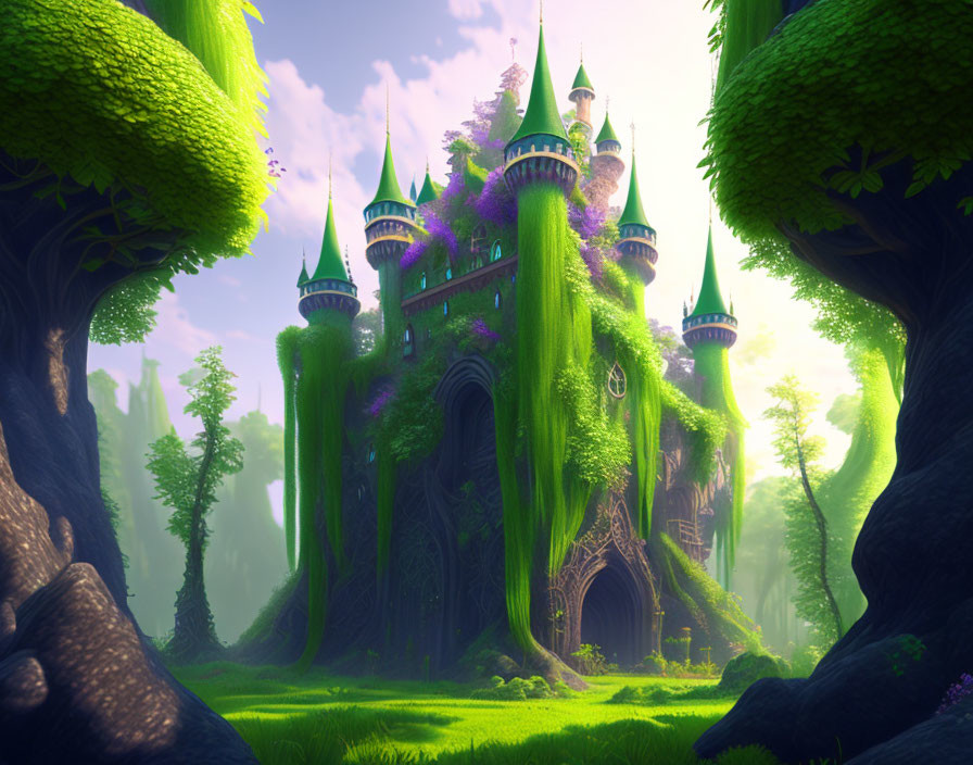 Enchanting castle covered in green ivy in a lush forest