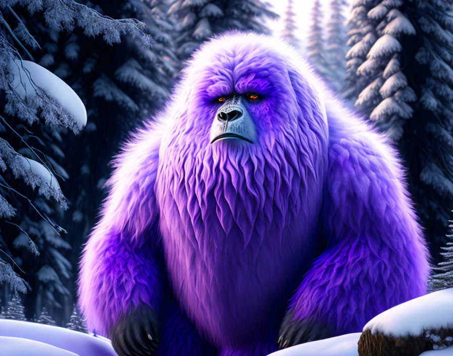 Majestic purple gorilla with yellow eyes in snowy forest