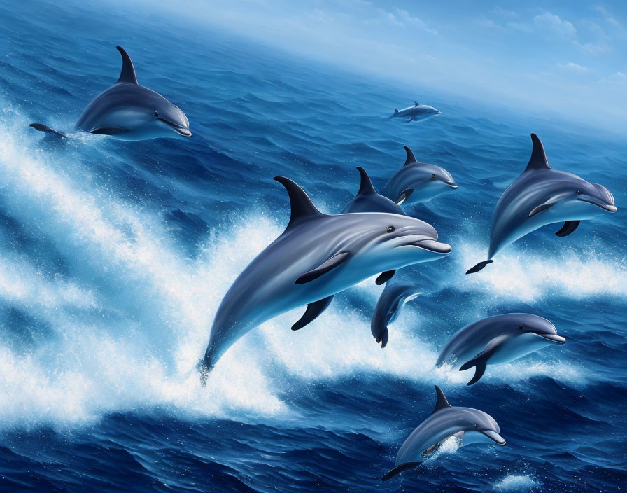 Pod of Dolphins Leaping from Sparkling Blue Waters