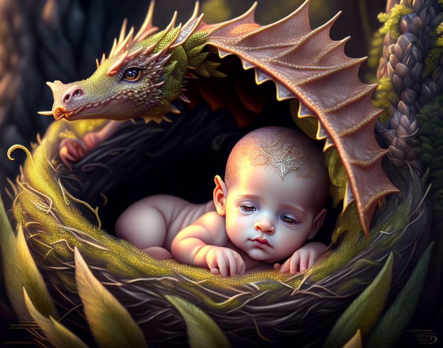 Golden dragon encircling peaceful infant in dark forest setting