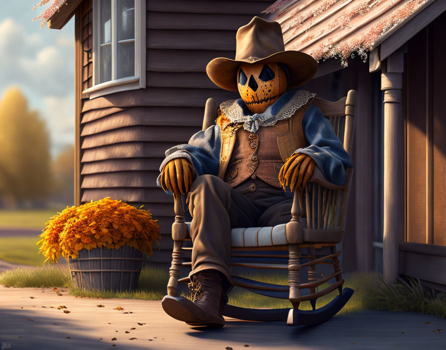 Pumpkin-headed scarecrow in cowboy hat on rocking chair by rustic house in autumn setting