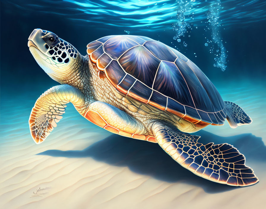 Colorful Sea Turtle Swimming Near Ocean Floor with Light Filtering Through Water