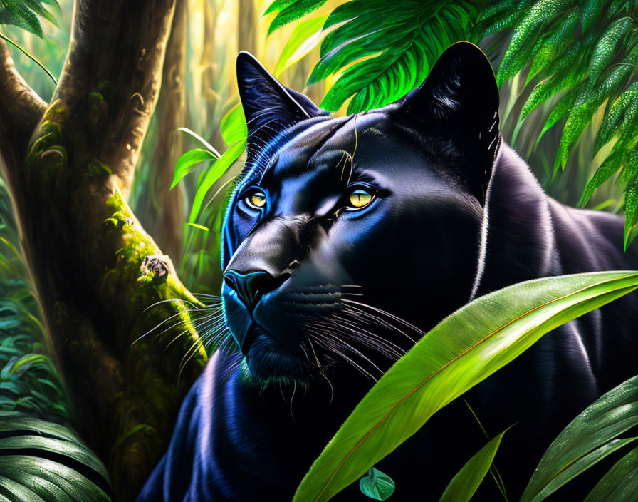 Black Panther Resting in Lush Green Jungle