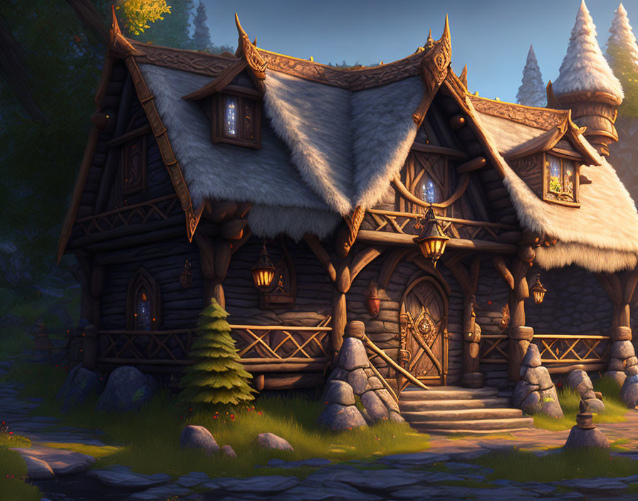 Fantasy-style cottage with thatched roofs in serene forest setting at dusk