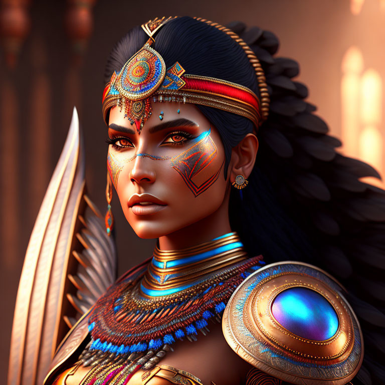 Warrior woman portrait with face paint, feathered headdress, and blue gemstone armor.