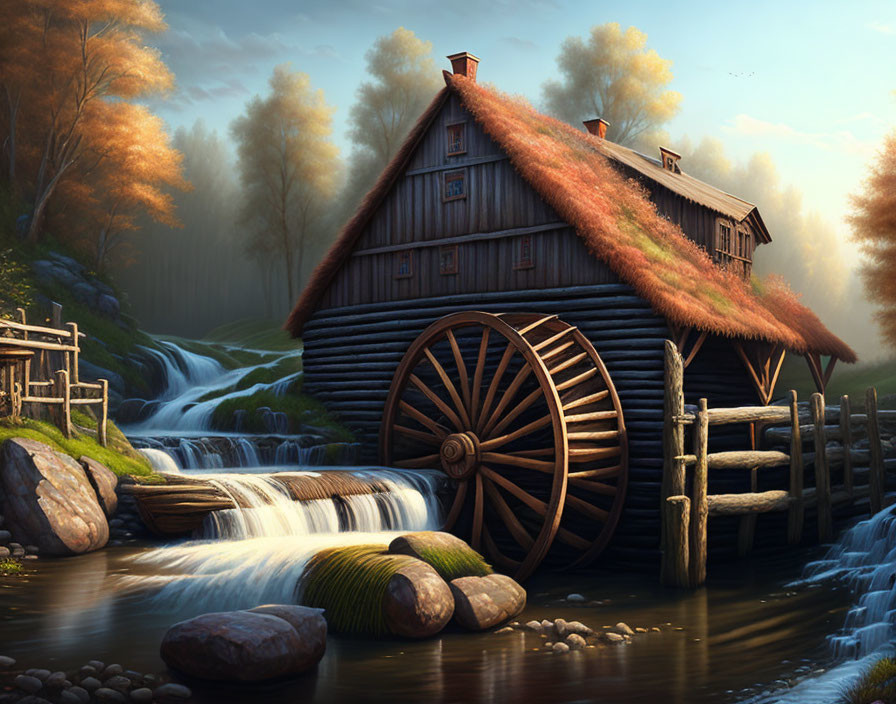 Tranquil rural landscape with old watermill and autumn trees