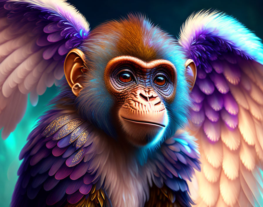 Colorful Monkey Illustration with Blue and Purple Wings and Detailed Fur Textures