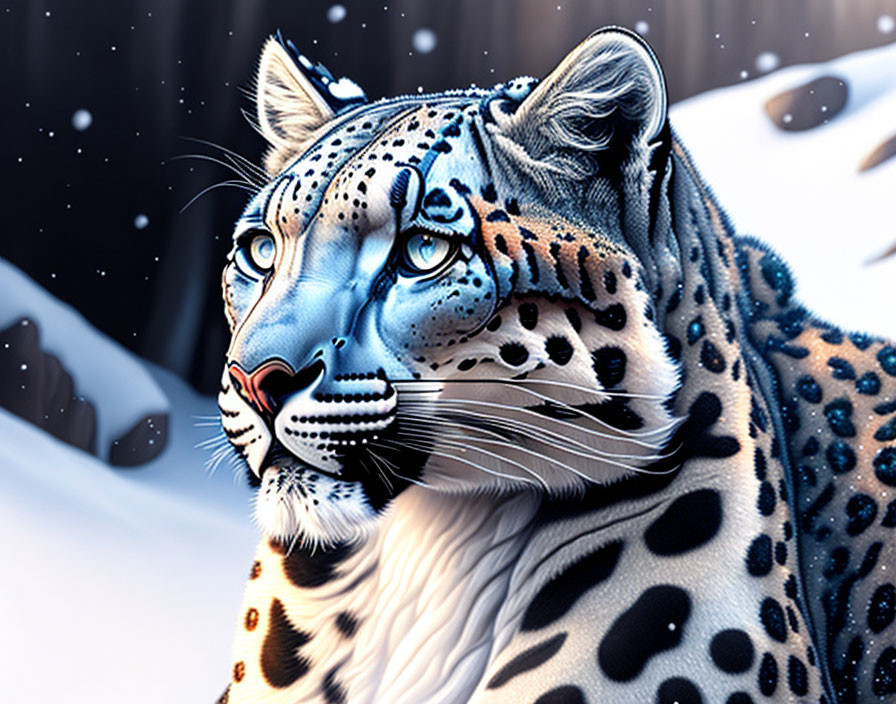 Snow leopard digital artwork with blue hues and intricate patterns under falling snowflakes
