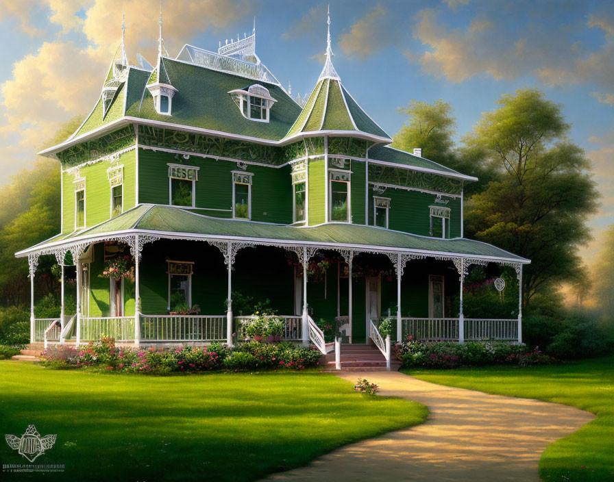 Victorian Green House with White Trim and Wrap-Around Porch