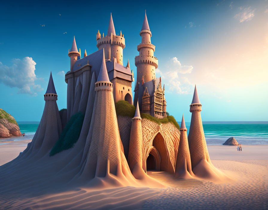 Majestic sandcastle with towers and spires on beach at twilight