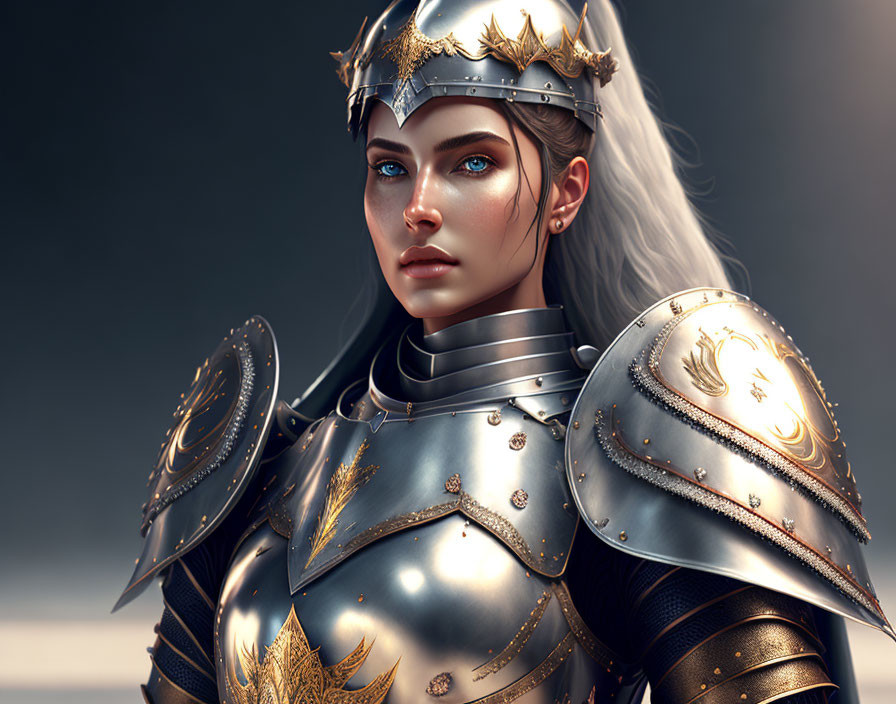 Digital Artwork: Woman in Silver and Gold Armor with Blue Eyes