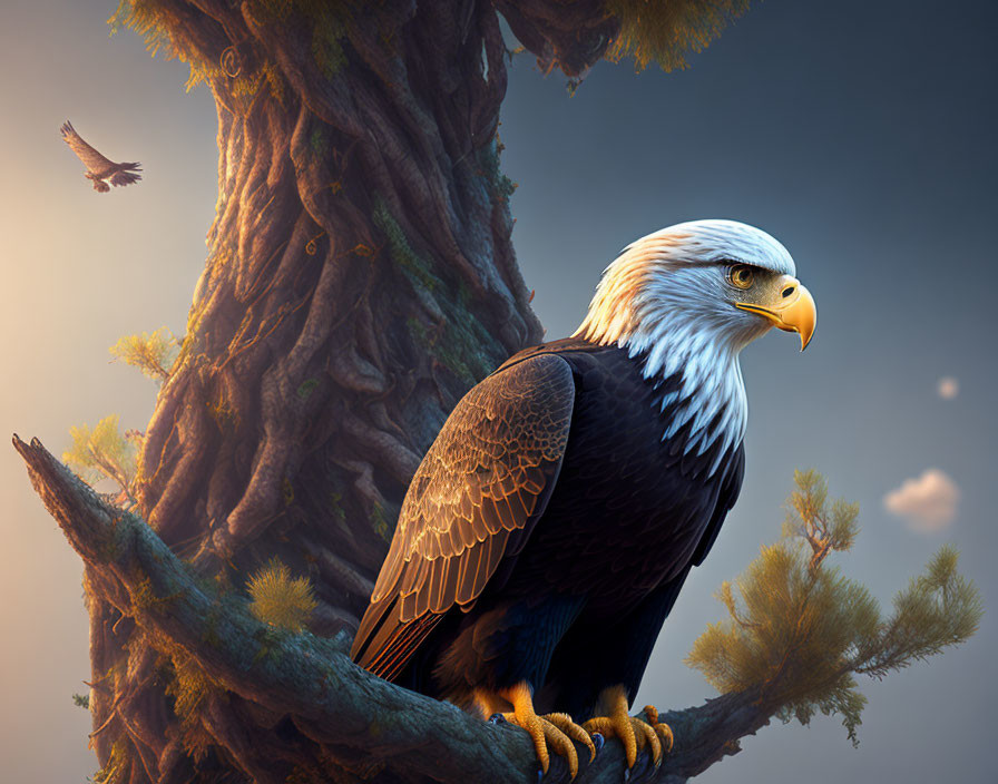 Eagle perched on tree branch with flying bird in dusk-lit sky