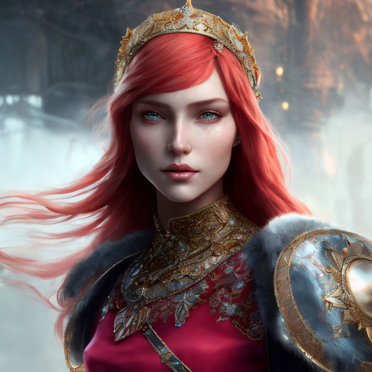 Portrait of a woman with red hair and blue eyes in gold crown and armor, set in mystical forest
