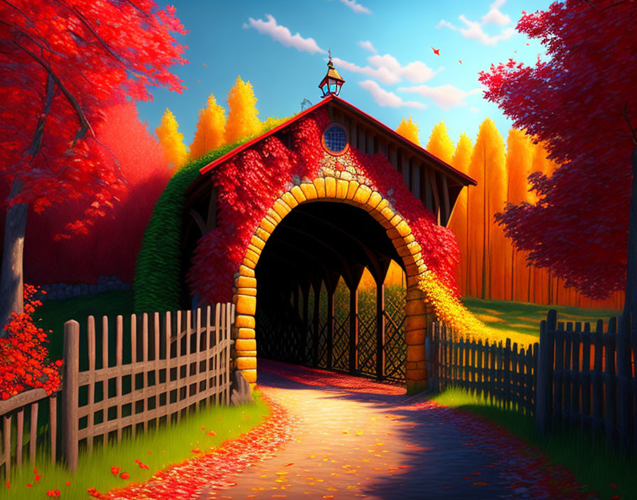Covered Bridge With Red Leaves 