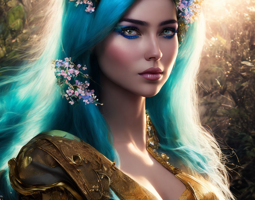 Portrait of woman with turquoise hair, blue eyes, and golden armor in sunlit woodland