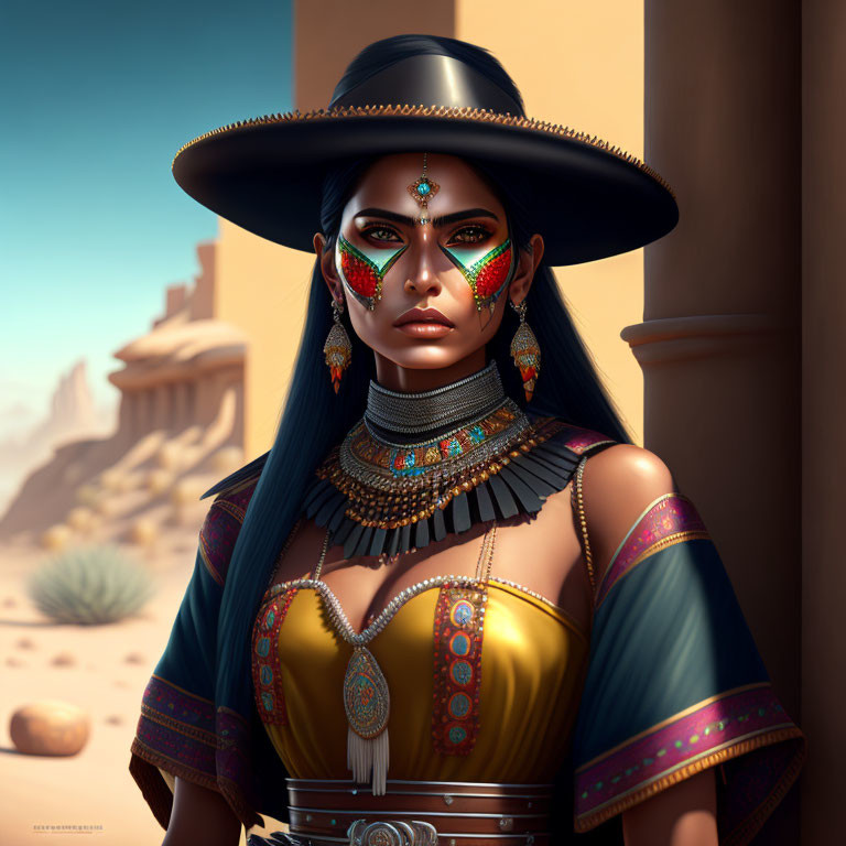 Digital portrait of woman with makeup and hat in desert setting