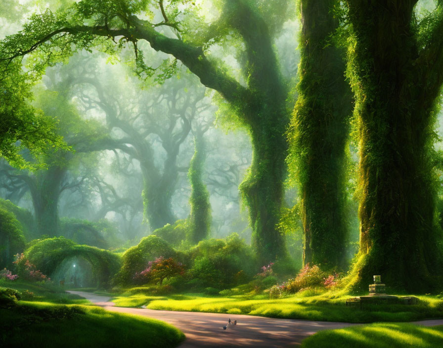 Lush Green Trees and Sunlit Clearing in Enchanted Forest