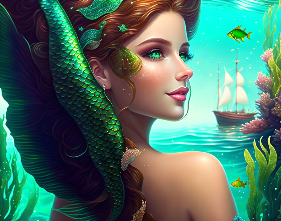 Mermaid digital illustration with green scales, flowing hair, fish, and sailing ship