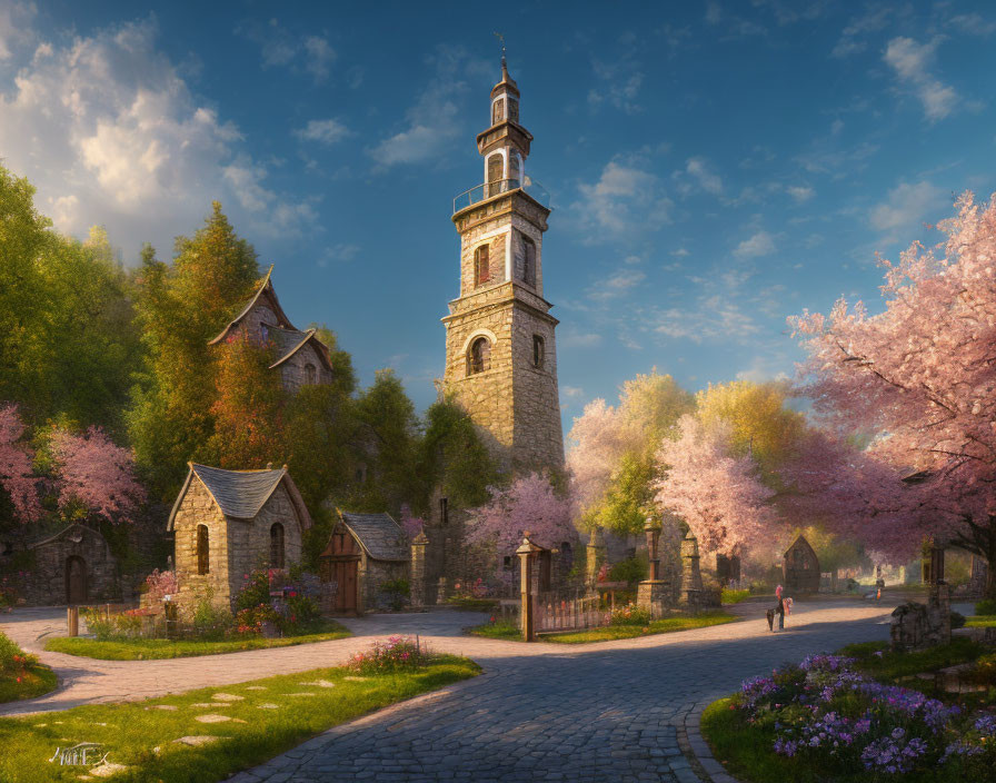Tranquil village scene with cherry trees and stone tower