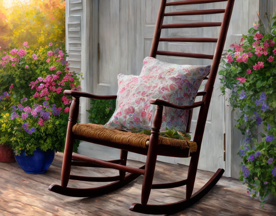 Wooden Rocking Chair with Floral Cushion on Porch Amid Blooming Flowers