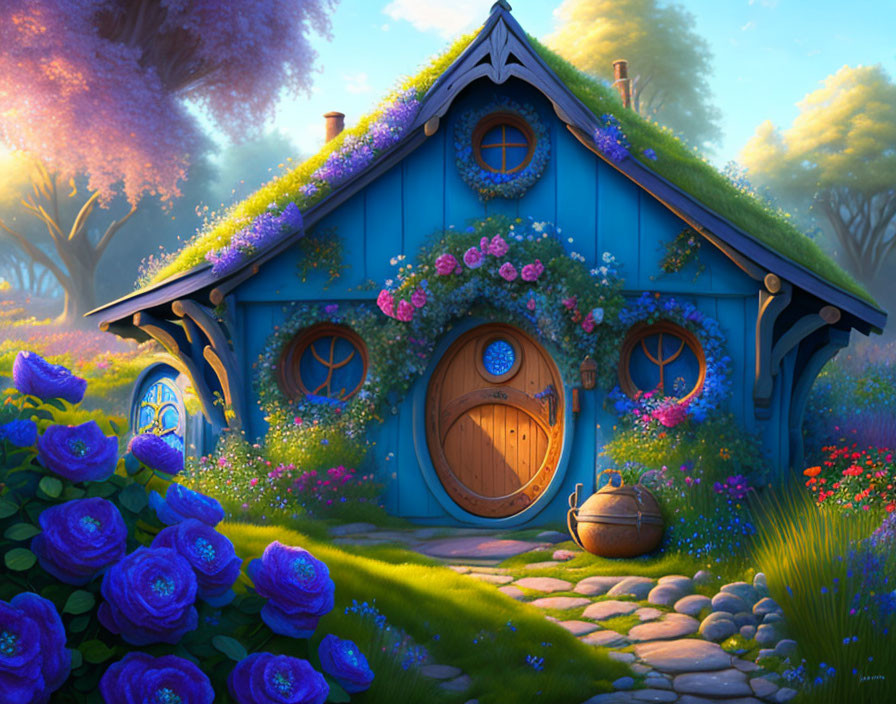Blue Cottage with Round Doors and Lush Gardens at Twilight