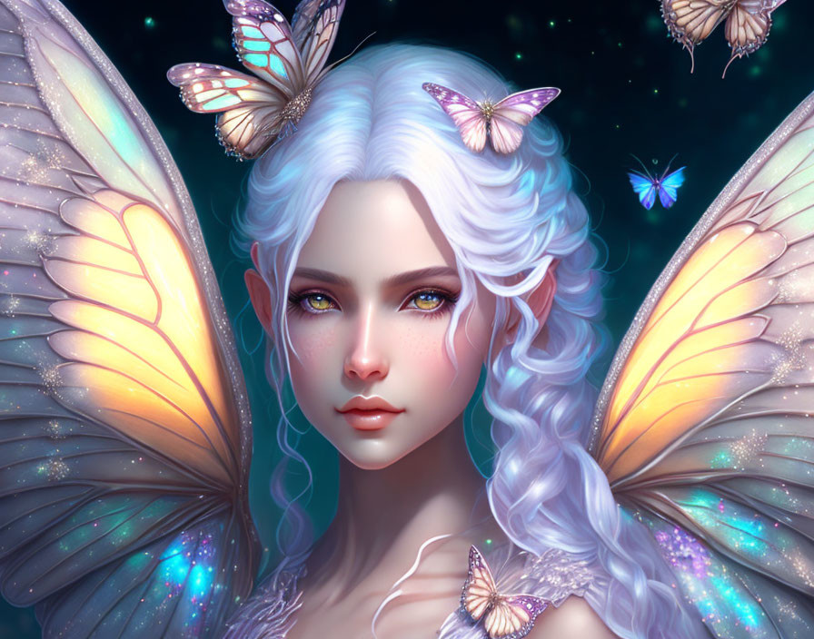 Fantasy female character with white hair and butterfly wings in starry night scene