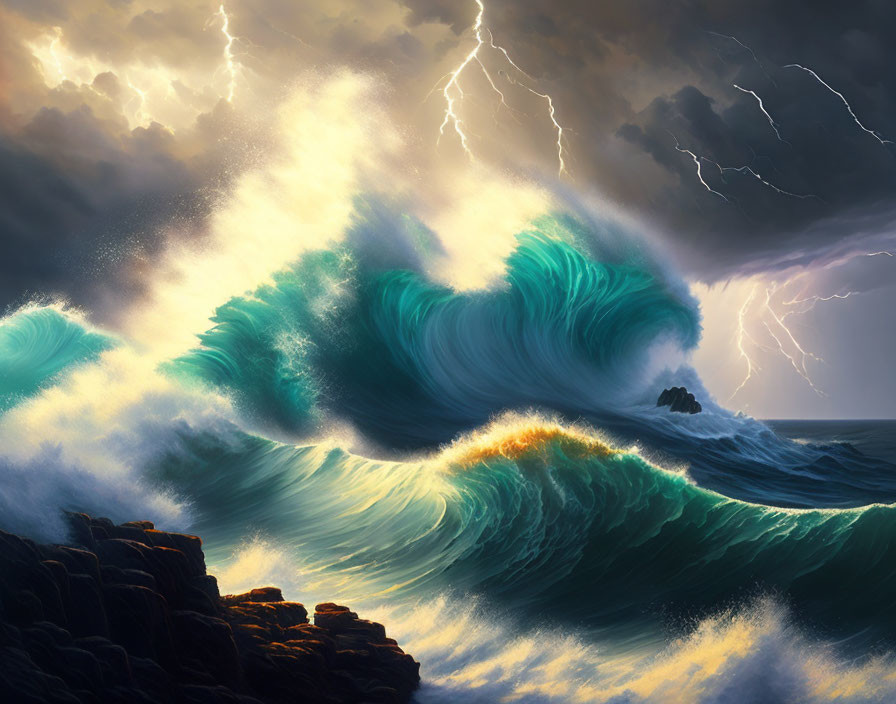 Stormy Ocean Scene with Teal Waves, Lightning Bolts, and Dark Cliffs