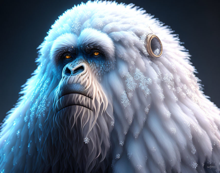Mythical snowy ape with deep blue eyes in digital art