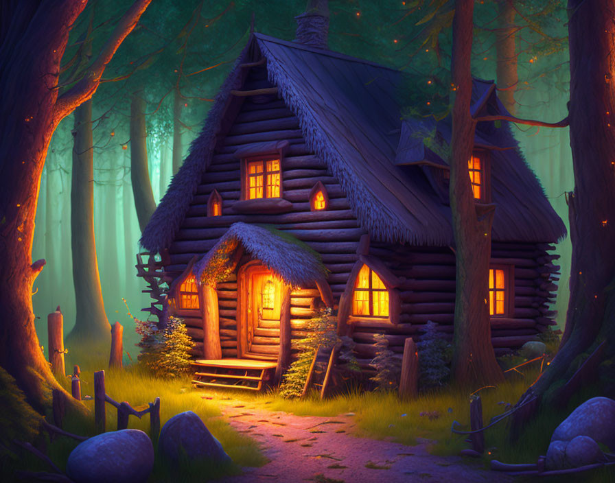 Thatched roof log cabin in mystical forest glade at dusk