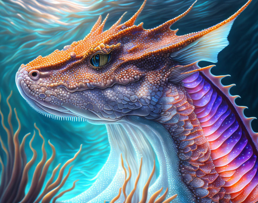 Detailed Dragon Digital Painting with Multicolored Wings and Aquatic Flora
