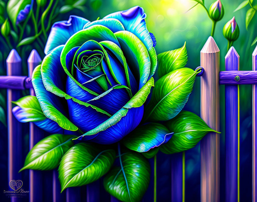 Blue and Green Rose On A Fence