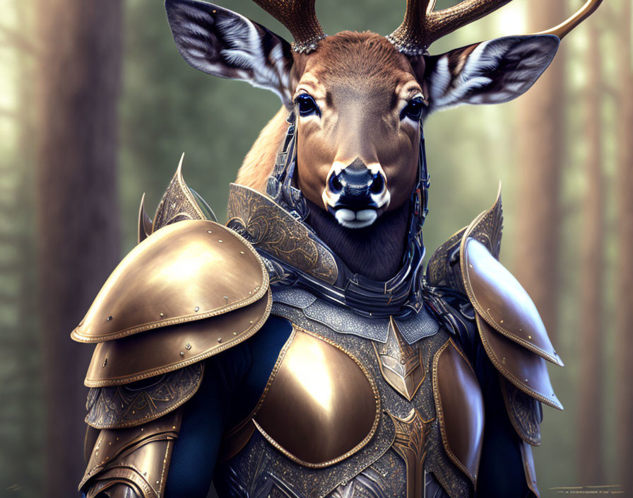 Stag-headed humanoid in golden armor in misty forest