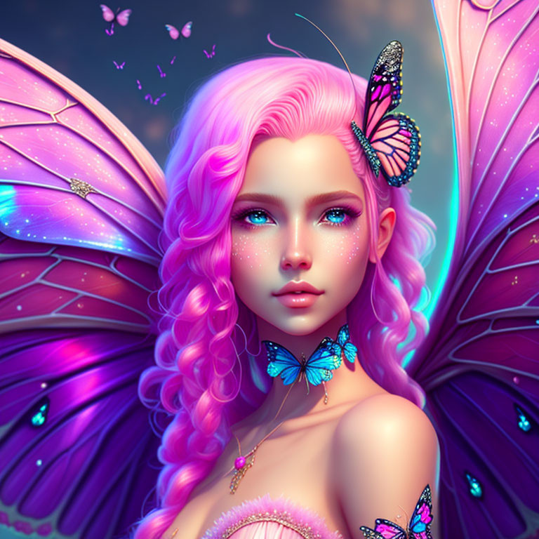 Fantasy illustration: Young woman with pink hair, butterfly wings, and butterflies.