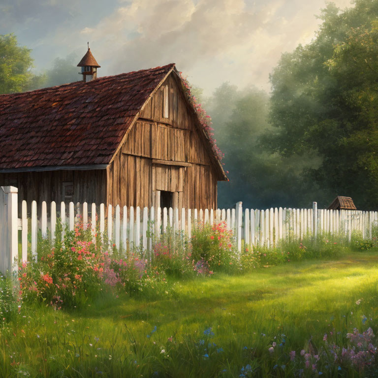 Rustic wooden barn with white picket fence and wildflowers in warm sunlight.