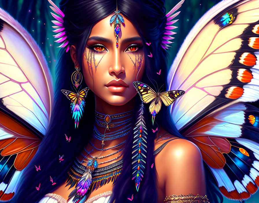 Colorful digital artwork of a woman with butterfly wings and intricate facial jewelry surrounded by butterflies