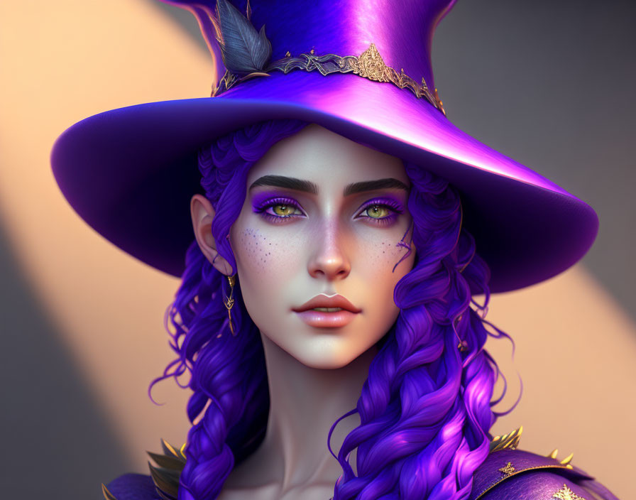 Vibrant purple-haired woman in hat with feather, violet eyes, freckles, warm background