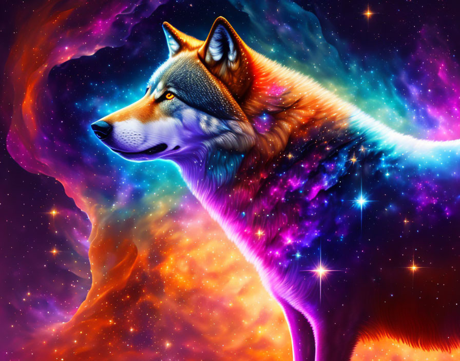 Colorful Wolf Illustration with Galaxy Motif