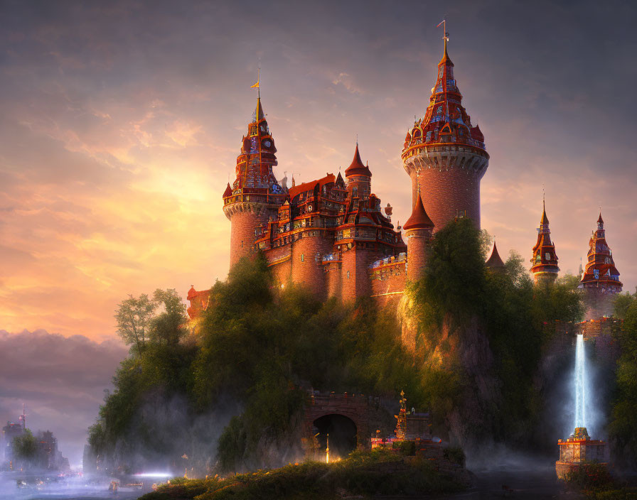 Majestic castle with illuminated towers at dusk near misty river