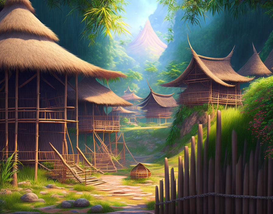 Traditional village scene with thatched huts, bamboo structures, stone path, lush greenery, and