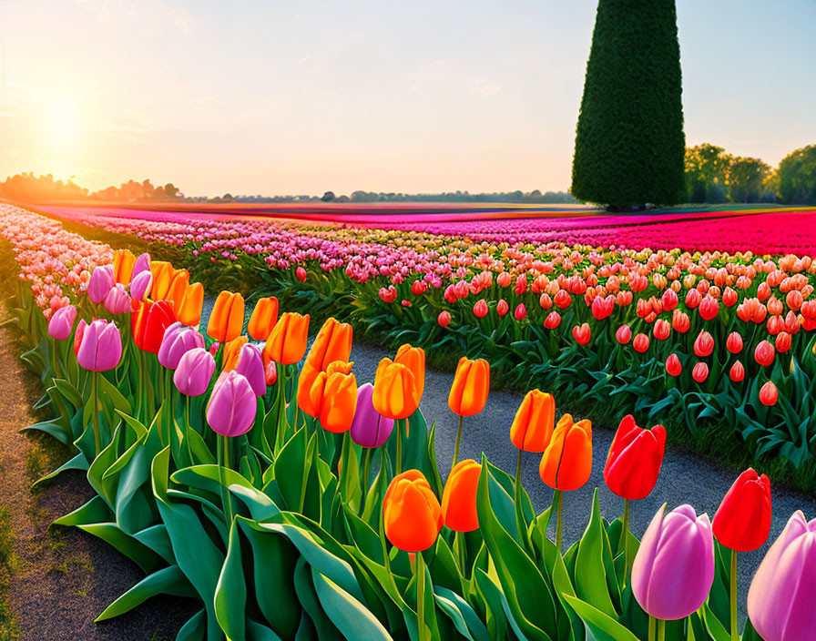 Colorful Tulip Field at Sunset with Tree