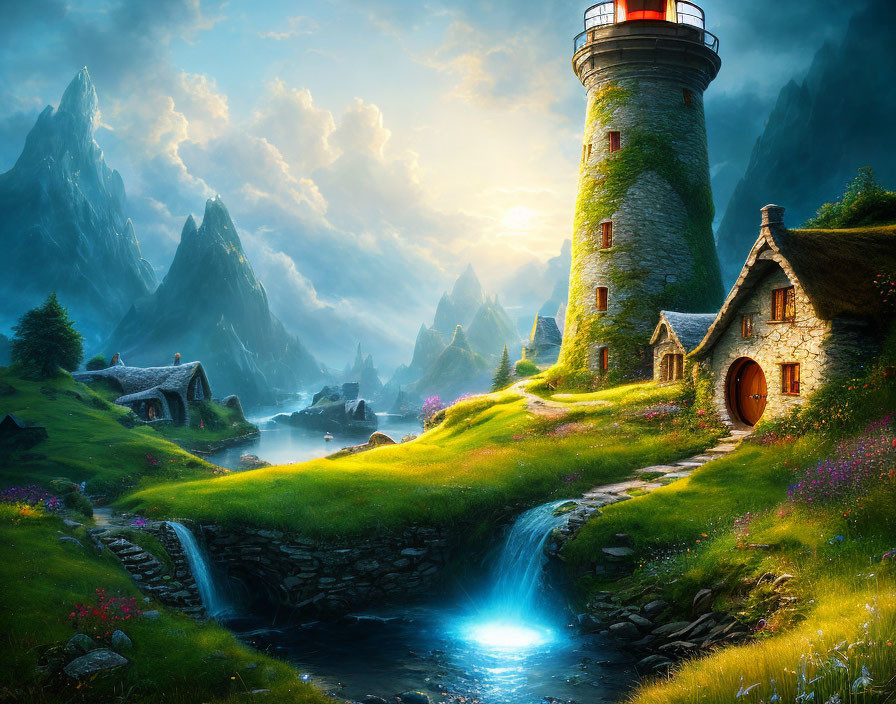 Tranquil landscape with stone cottage and lighthouse by serene stream