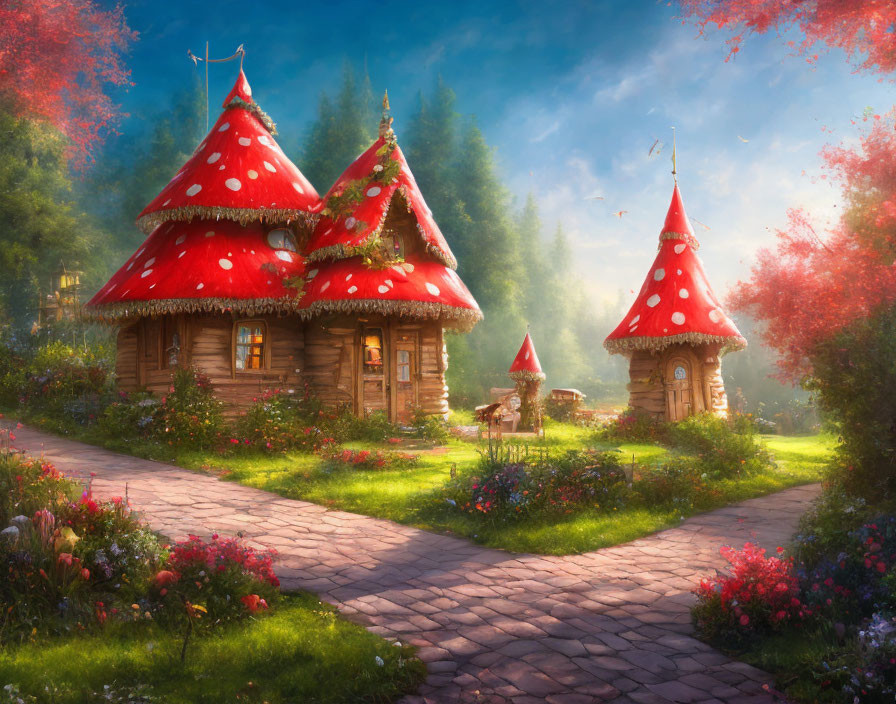 Fairytale cottages with red mushroom cap roofs in mystical forest setting