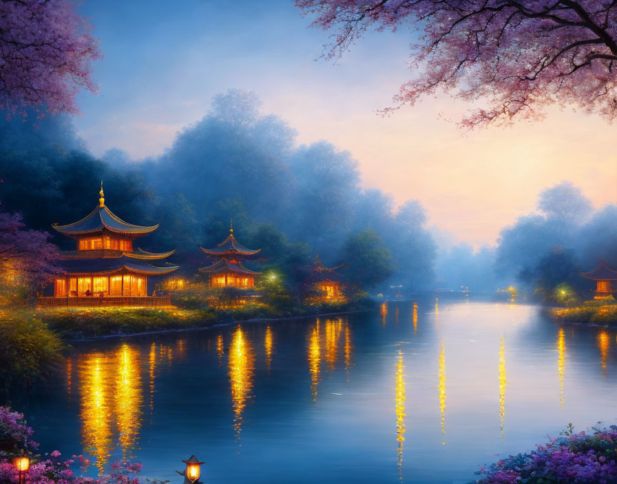 Traditional Pagodas and Cherry Trees Along Calm River at Dusk
