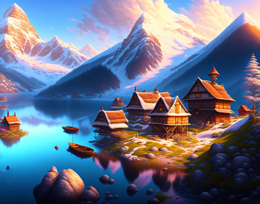 Tranquil Lakeside Village with Wooden Cabins and Snow-Capped Mountains at Sunset