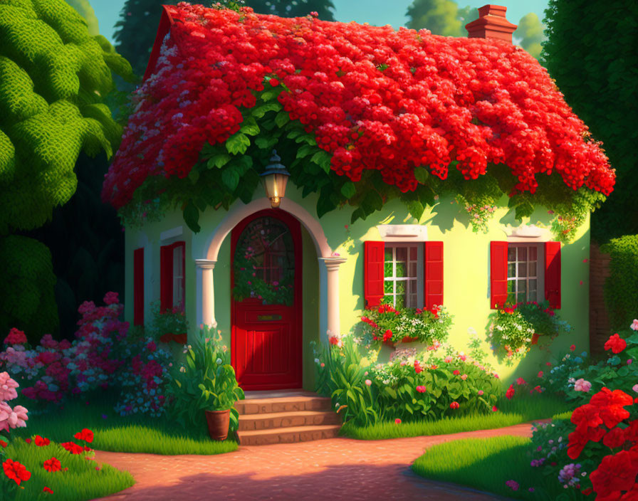 Green Cottage with Red Roof Surrounded by Flower-Filled Gardens